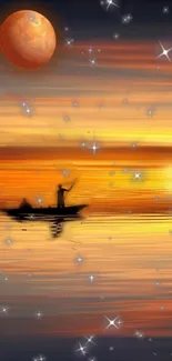 Dreamy wallpaper with boat at sunset, stars, and orange-red hues.