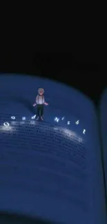 Dreamy night scene with glowing words on an open book.