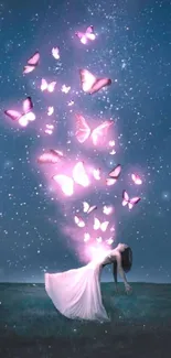 A mystical night scene with glowing pink butterflies against a starry sky.