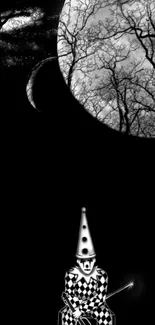 Surreal night scene with clown and moon in black and white.