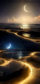 Moonlit desert with crescent moons and glowing dunes at night.