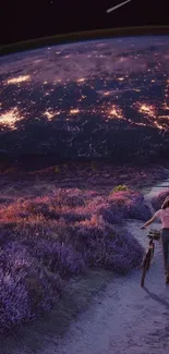 Lavender field with Earth and moon at night, featuring a lone bicyclist.