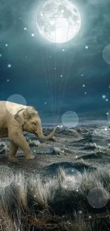 Surreal elephant walking under a luminous full moon in a dreamy landscape.