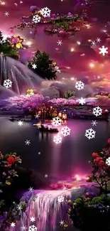 Dreamy night scene with waterfalls, flowers, and snowflakes under a pink-purple sky.