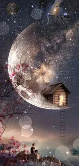 Surreal night scene with moon, house and starry sky.