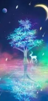 Fantasy night wallpaper with glowing tree and deer reflection.