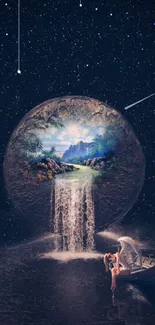 Dreamy night fantasy wallpaper with waterfall and celestial sphere.