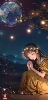 Girl in yellow dress under a starry night sky with glowing lights and Earth view.