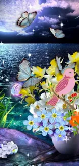 Colorful night scene with ocean, flowers, and butterflies.