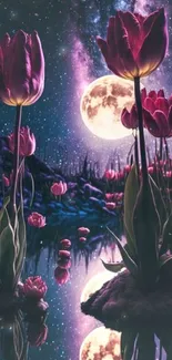 A dreamy night scene with tulips and a full moon reflecting on water.