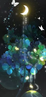 Mystical night floral wallpaper with crescent moon.