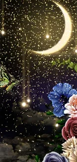 Crescent moon with stars and floral design wallpaper.