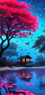 Dreamy forest night scene with pink tree and butterflies over a lake.