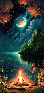 Mystical forest wallpaper with moonlit sky and campfire