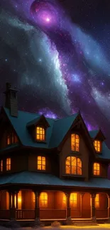 Fantasy house under galaxy night sky wallpaper.