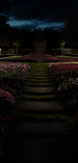 Nighttime garden path with flowers and soft lighting.