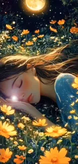 A serene girl asleep in a flower-filled garden under a moonlit sky.