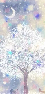 Whimsical glitter tree with moon and stars in pastel colors.