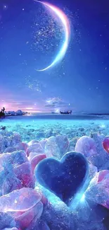 Serene fantasy seascape with heart and crescent moon under a vibrant sky.