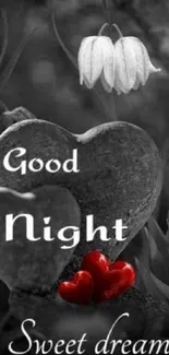 Black and white night scene with red hearts and 'Good Night' text.