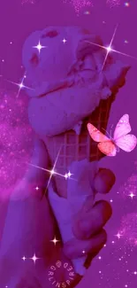 Hand holds ice cream under pink celestial night with moons and butterflies.