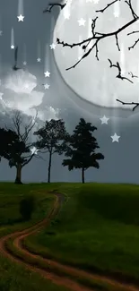 Night landscape wallpaper with moon and stars over silhouetted trees.