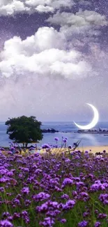 Crescent moon over purple flowers and starry night sky.