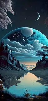 Mystical night landscape with moons over calming waters.