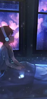 Boy with headphones gazing at a starry night sky.