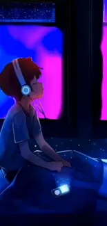 Person with headphones dreaming in a colorful night scene.