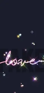 Dark blue wallpaper with neon text 'love' and starry accents.