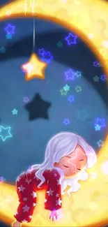 Child sleeping on a glowing crescent moon.