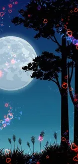 Dreamy night wallpaper with moon, trees, and colorful hearts.