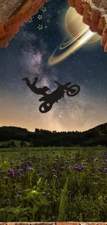 Motocross silhouette over flowered landscape with starry night and planet.