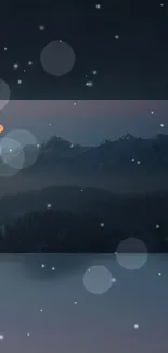 Serene mountain view with moon and stars in night sky wallpaper.