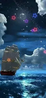 Dreamy night scene with ship and stars on ocean.