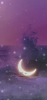 Crescent moon and stars over a dreamy purple ocean night.