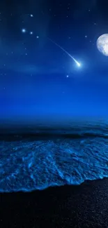 Night ocean with moon and shooting stars in deep blue tones.