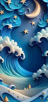 Artistic night ocean waves with stars and moon.