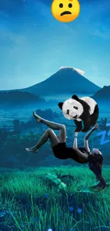 Surreal artwork of a girl dreaming with a panda in a blue night scene.