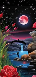 Parachutist under a vibrant moonlit night with red roses and starry sky.