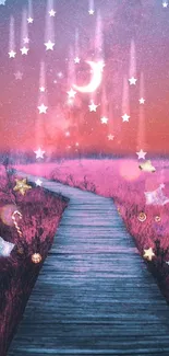 Dreamy path on a starry night with pink sky and crescent moon.