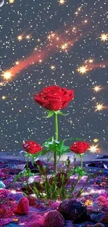 Enchanting rose under a starry night sky.