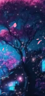 Dreamy nighttime scene with glowing sakura and starry sky.