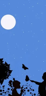 Mobile wallpaper with night sky, moon, and silhouettes of children.