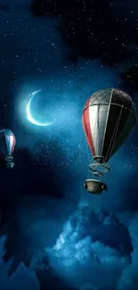 Hot air balloons float under a starry night sky.