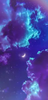 Dreamy night sky wallpaper with crescent moon and purple clouds.