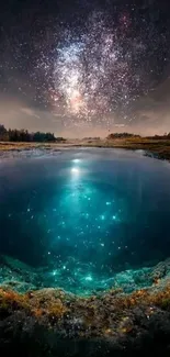 A stunning night sky reflected in a serene, deep blue lake under a starry galaxy.