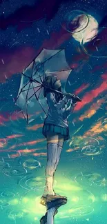 Atmospheric art of a figure under a vibrant night sky with an umbrella.