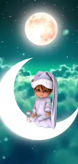 Child on crescent moon with stars and full moon background.